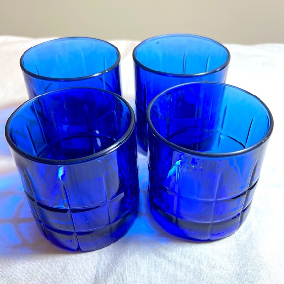 Vintage Set of 4 Anchor Hocking Tartan Cobalt Blue Lowball Drinking Glasses 8 oz